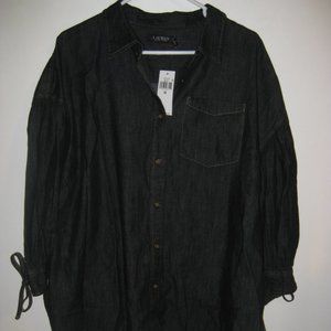 Lauren Ralph Lauren Denim Blouson Sleeve Plus Size 3x, 22/24, Blouse w Ties, NWT